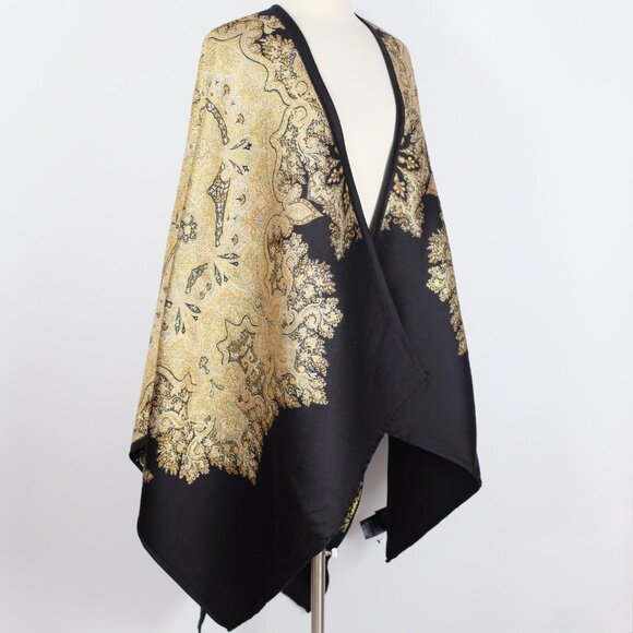 ETRO cape poncho jacket black gold wool metallic paisley pattern - Picture 6 of 13